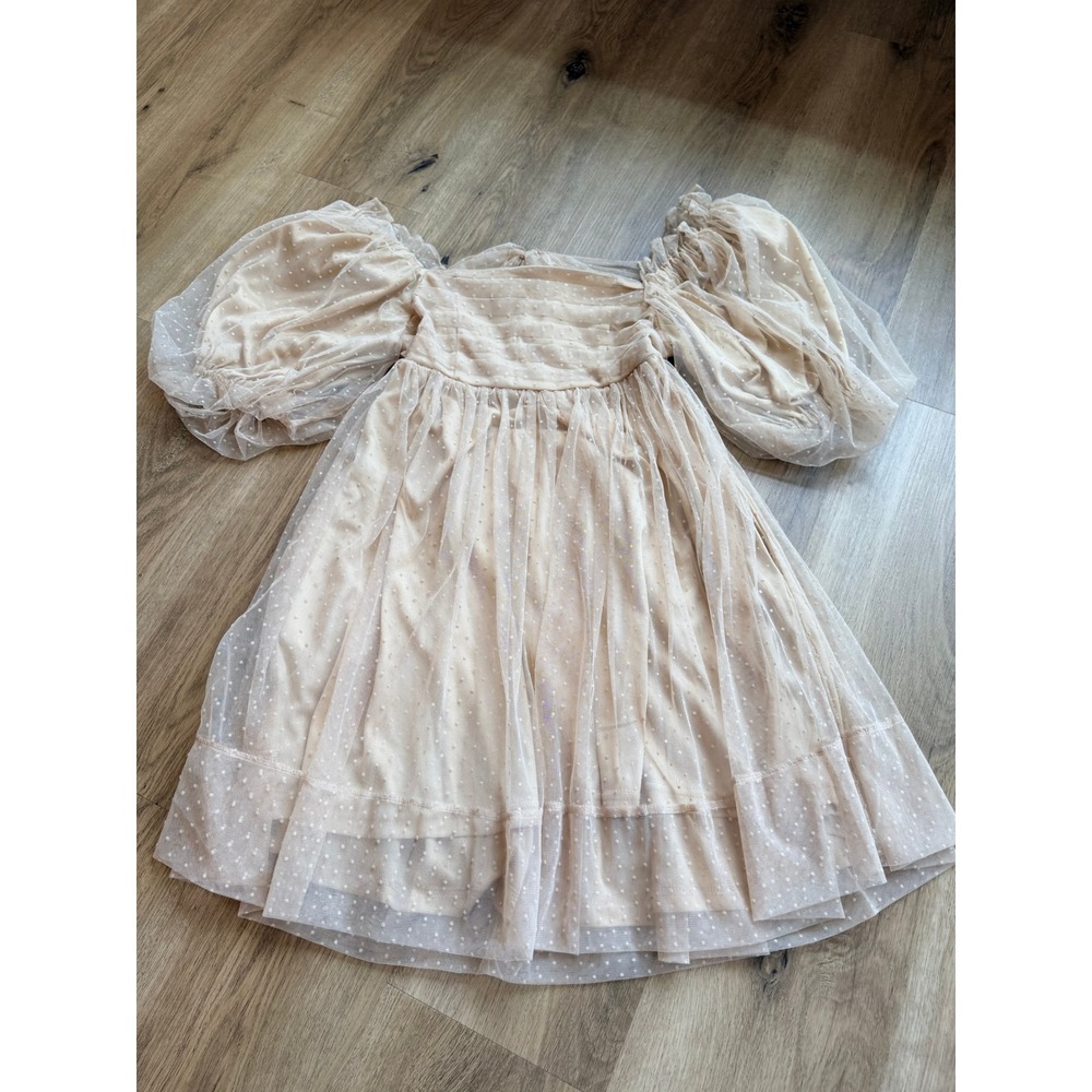 Anthropologie Mable Beige Swiss Dot Tulle Puff Sleeve Mini Dress Small Babydoll‎